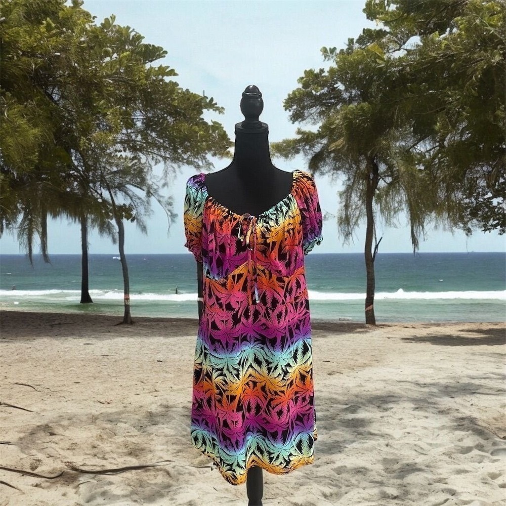 Cabana 0X Off-Shoulder Sundress Palm Tree‎ Print Beach Silky Colorful Cruise